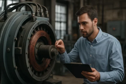 Muž analyzujúci elektrický generátor s technickým zariadením