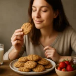 Žena vychutnáva ovsené sušienky s pohárom mlieka a ovocím.