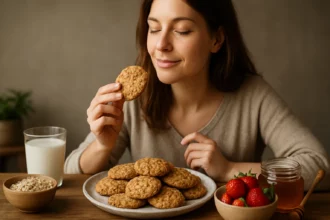 Žena vychutnáva ovsené sušienky s pohárom mlieka a ovocím.