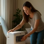 Žena obsluhujúca mobilnú klimatizáciu v obývacej izbe.