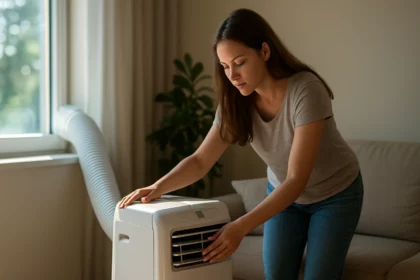 Žena obsluhujúca mobilnú klimatizáciu v obývacej izbe.