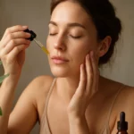 Žena nanášajúca olej na pleť s používaním šalvie