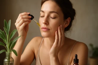 Žena nanášajúca olej na pleť s používaním šalvie