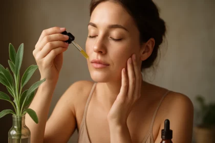 Žena nanášajúca olej na pleť s používaním šalvie