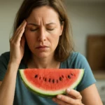 Žena s vodným melónom, trpiaca nevoľnosťou a bolesťou hlavy