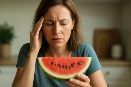 Žena s vodným melónom, trpiaca nevoľnosťou a bolesťou hlavy