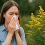 Žena s alergiou na ambróziu, čistí si nos v prírode.