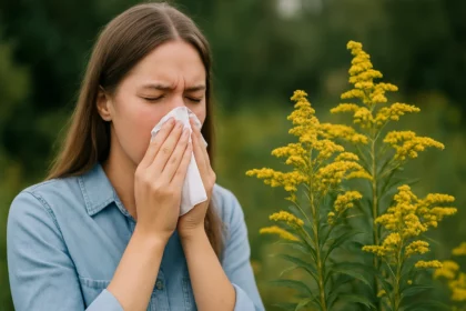 Žena s alergiou na ambróziu, čistí si nos v prírode.