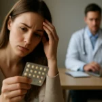 Žena s obavami drží balenie antikoncepčných tabliet drospirenón.