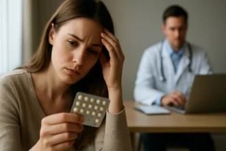 Žena s obavami drží balenie antikoncepčných tabliet drospirenón.