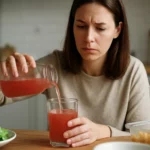 Žena nalievajúca nápoj do pohára s obavami o zdravie.