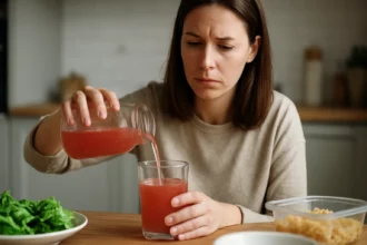 Žena nalievajúca nápoj do pohára s obavami o zdravie.