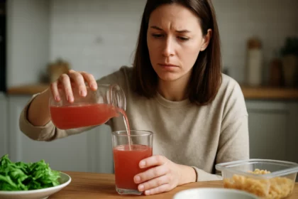 Žena nalievajúca nápoj do pohára s obavami o zdravie.