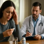 Žena zažíva ťažkosti a konzultuje lieky s lekárom.