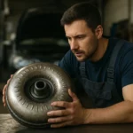 Mechanik skúma hydrodynamický menič momentu v autoservise.