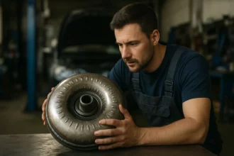 Mechanik skúma hydrodynamický menič momentu v autoservise.