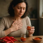 Žena s kajenským korením na stole, vyjadrujúca zdravie a pohodu.