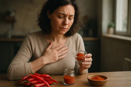 Žena s kajenským korením na stole, vyjadrujúca zdravie a pohodu.