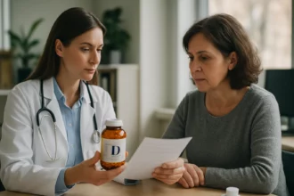 Lekárka diskutuje o vitamíne D s pacientkou tráviacou čas v kancelárii.