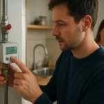 Muž nastavuje digitálny vodomer v modernej domácnosti