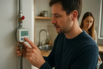 Muž nastavuje digitálny vodomer v modernej domácnosti