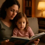 Matka číta rozprávku svojej dcére na pohovke.