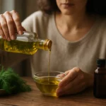 Žena nalieva kôprový olej do misky, vedľa čerstvej kôpru.