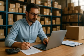 Muži pracujúci na daňovom sklade, evidujúci dokumenty.