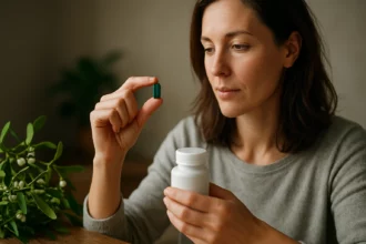 Žena skúma kapsulu z imela pri príprave na užitie