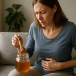 Žena s medom, ktorá sa snaží zlepšiť trávenie.