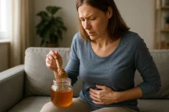 Žena s medom, ktorá sa snaží zlepšiť trávenie.