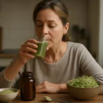 Žena vychutnáva smoothie s lucernovým práškom pre zdravie a vitalitu.