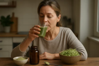 Žena vychutnáva smoothie s lucernovým práškom pre zdravie a vitalitu.