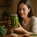 Žena s pohárom kvasených uhoriek v kuchyni, objavuje prospešné účinky.