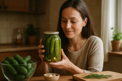 Žena s pohárom kvasených uhoriek v kuchyni, objavuje prospešné účinky.
