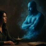 Žena sa pozerá na magického džina vychádzajúceho z lampy.