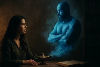 Žena sa pozerá na magického džina vychádzajúceho z lampy.