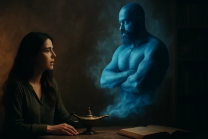 Žena sa pozerá na magického džina vychádzajúceho z lampy.