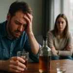 Muž so sklopenou hlavou, ktorý sa trápi nad pohárom alkoholu.