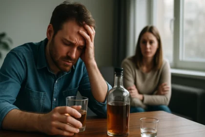 Muž so sklopenou hlavou, ktorý sa trápi nad pohárom alkoholu.