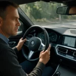 Muž šoférujúci automobil s moderným informačným systémom