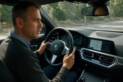 Muž šoférujúci automobil s moderným informačným systémom