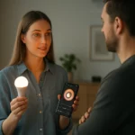 Žena ukazuje na inteligentnú žiarovku a mobilnú aplikáciu na ovládanie osvetlenia.