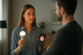 Žena ukazuje na inteligentnú žiarovku a mobilnú aplikáciu na ovládanie osvetlenia.