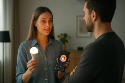 Žena ukazuje na inteligentnú žiarovku a mobilnú aplikáciu na ovládanie osvetlenia.