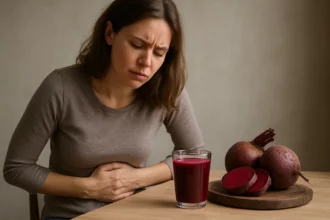Žena so bolesťami brucha a pohárom červenej repy na stole.