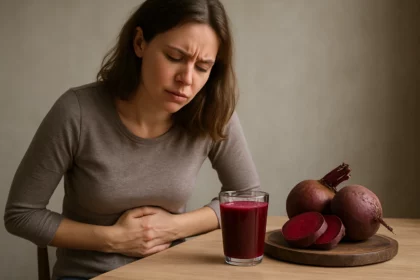 Žena so bolesťami brucha a pohárom červenej repy na stole.