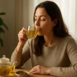 Žena vychutnáva luobuma čaj v pohodlnom prostredí