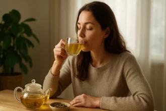 Žena vychutnáva luobuma čaj v pohodlnom prostredí
