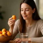 Žena skúma mišpulu s pohárom vody a miskou plnou ovocia.